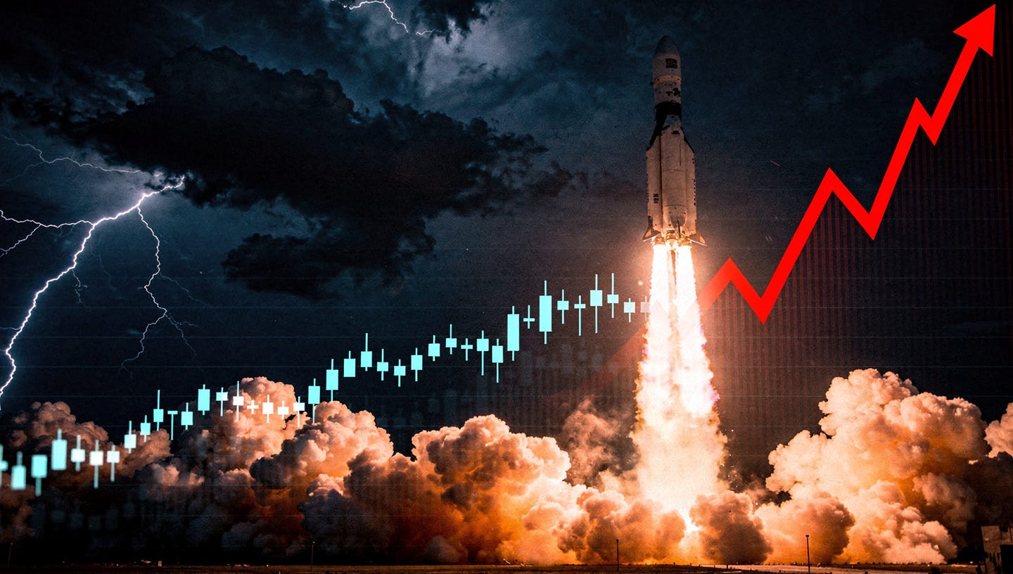 Photorealistic wide-format editorial header image. A SpaceX Falcon 9 rocket launching dramatically into a dark stormy night sky, leaving a bright trail of fire and smoke. In the foreground, a semi-transparent overlay of a stock market chart with a sharp peak followed by a steep red downward crash line. The overall color palette is deep navy blue, black and fiery orange, with red accents on the falling graph. Cinematic lighting, high contrast, ultra-detailed, 16:9 aspect ratio, no text, no logos, professional financial media aesthetic, Reuters/Bloomberg style photography. Photorealistic wide-format editorial header image. A SpaceX Falcon 9 rocket launching dramatically into a dark stormy night sky, leaving a bright trail of fire and smoke. In the foreground, a semi-transparent overlay of a stock market chart with a sharp peak followed by a steep red downward crash line. The overall color palette is deep navy blue, black and fiery orange, with red accents on the falling graph. Cinematic lighting, high contrast, ultra-detailed, 16:9 aspect ratio, no text, no logos, professional financial media aesthetic, Reuters/Bloomberg style photography.