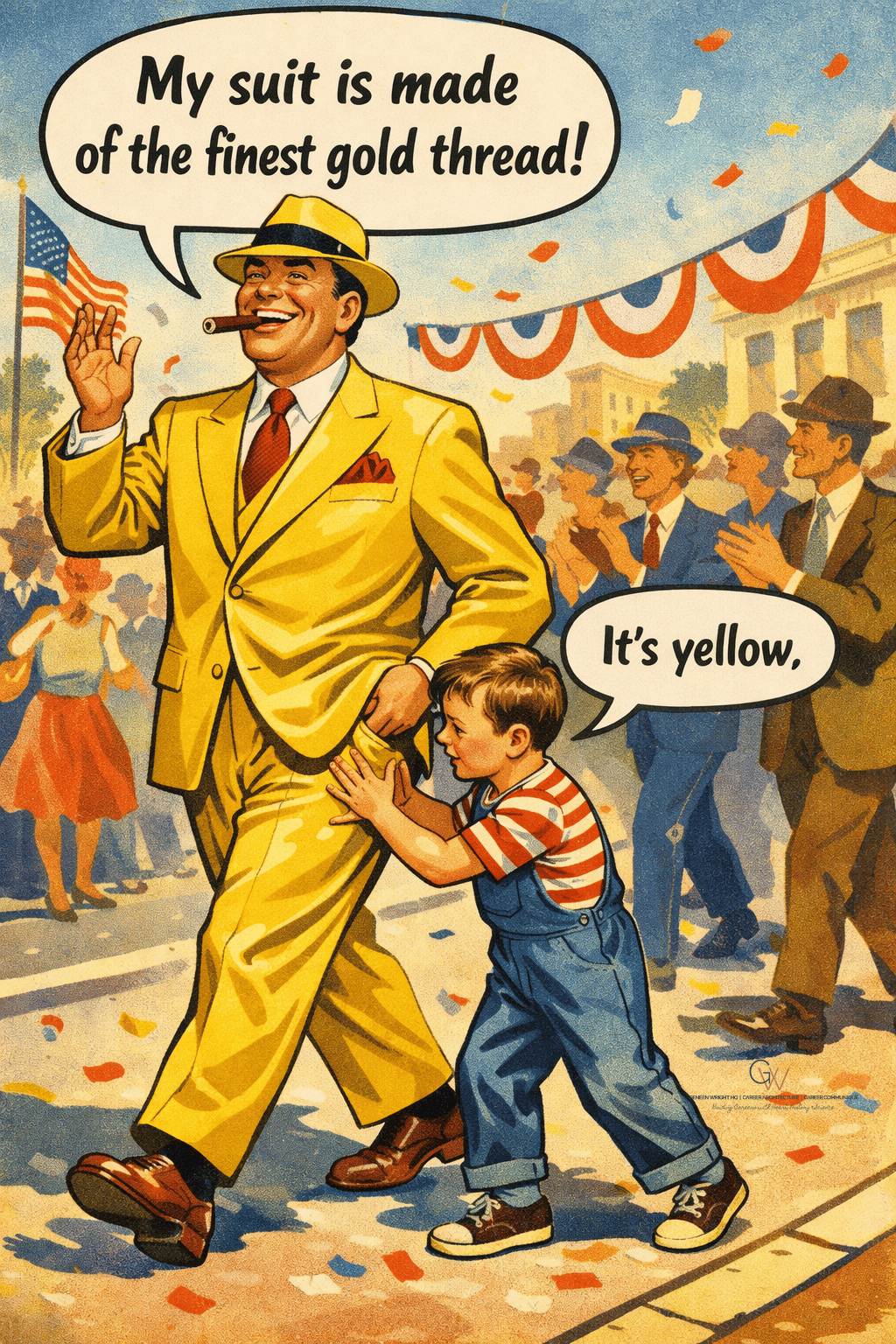 Vintage 1950s–style illustration of a man wearing a bright yellow suit and fedora walking in a parade, smiling and speaking about his suit as a child beside him touches the fabric and says, “It’s yellow.” Abstract figures in the background form a colorful crowd, creating a metaphor for public perception, leadership image, and illusion versus reality.