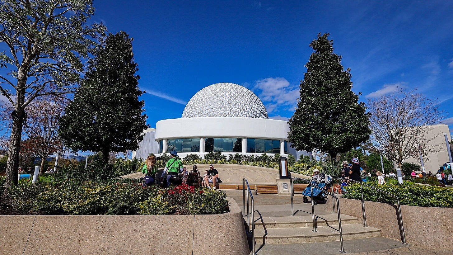 Spaceship Earth behind Dreamers Point at EPCOT in February 2024. Image: Jedi94 via Wikimedia Commons Spaceship Earth behind Dreamers Point at EPCOT in February 2024. Image: Jedi94 via Wikimedia Commons