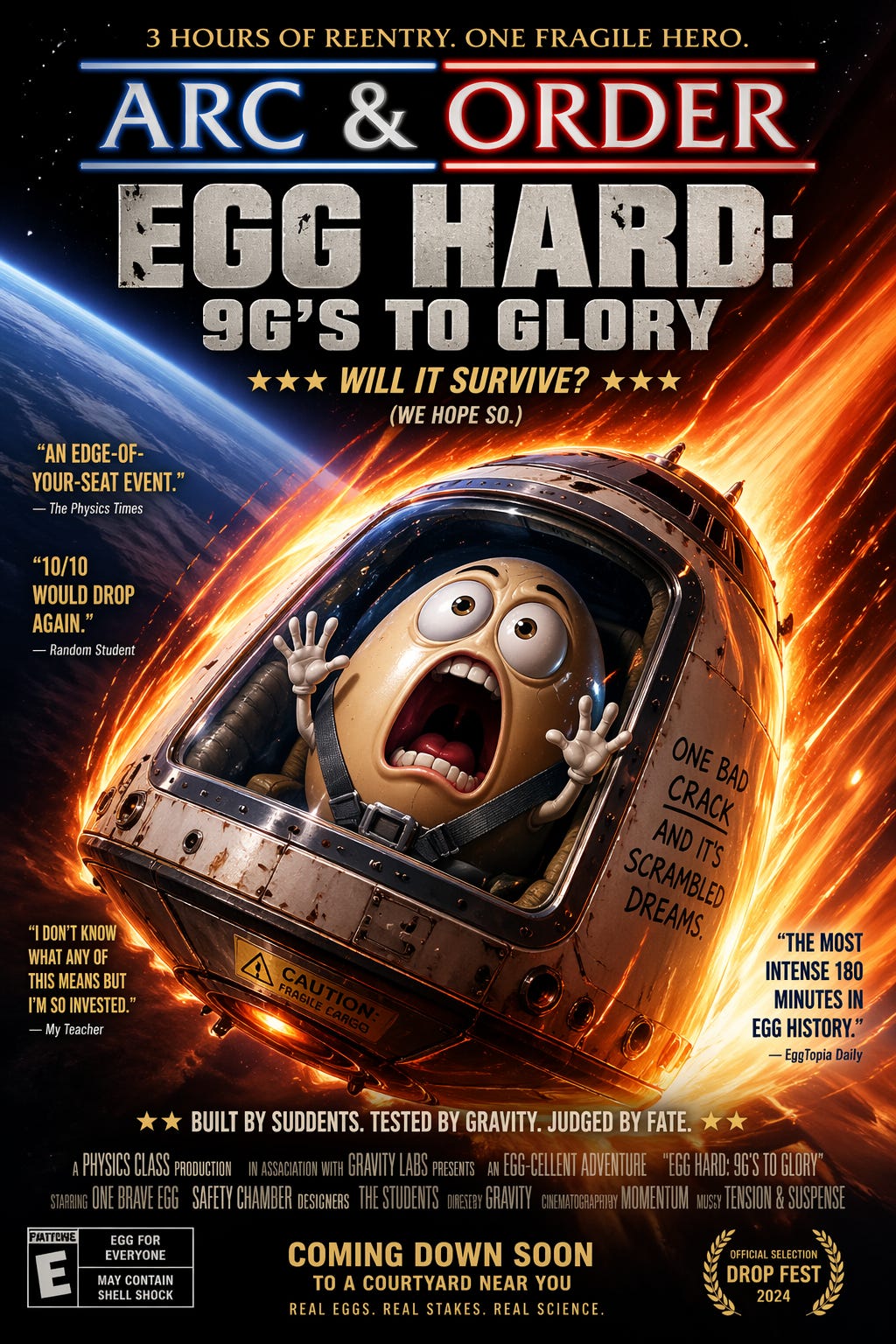 A parody movie poster for Arc & Order: Egg Hard – 9G’s to Glory, styled as a dramatic space disaster film. A terrified cartoon egg rides inside a capsule reentering Earth’s atmosphere, surrounded by flames and streaks of fire. The poster spoofs blockbuster movie marketing with taglines such as “Will It Survive? (We Hope So.)” and “Built by Students. Tested by Gravity. Judged by Fate.” Fake reviews praise the film as “The Most Intense 180 Minutes in Egg History,” while a warning on the capsule reads, “One Bad Crack and It’s Scrambled Dreams.” The poster was created as part of a classroom egg-drop engineering challenge. A parody movie poster for Arc & Order: Egg Hard – 9G’s to Glory, styled as a dramatic space disaster film. A terrified cartoon egg rides inside a capsule reentering Earth’s atmosphere, surrounded by flames and streaks of fire. The poster spoofs blockbuster movie marketing with taglines such as “Will It Survive? (We Hope So.)” and “Built by Students. Tested by Gravity. Judged by Fate.” Fake reviews praise the film as “The Most Intense 180 Minutes in Egg History,” while a warning on the capsule reads, “One Bad Crack and It’s Scrambled Dreams.” The poster was created as part of a classroom egg-drop engineering challenge.