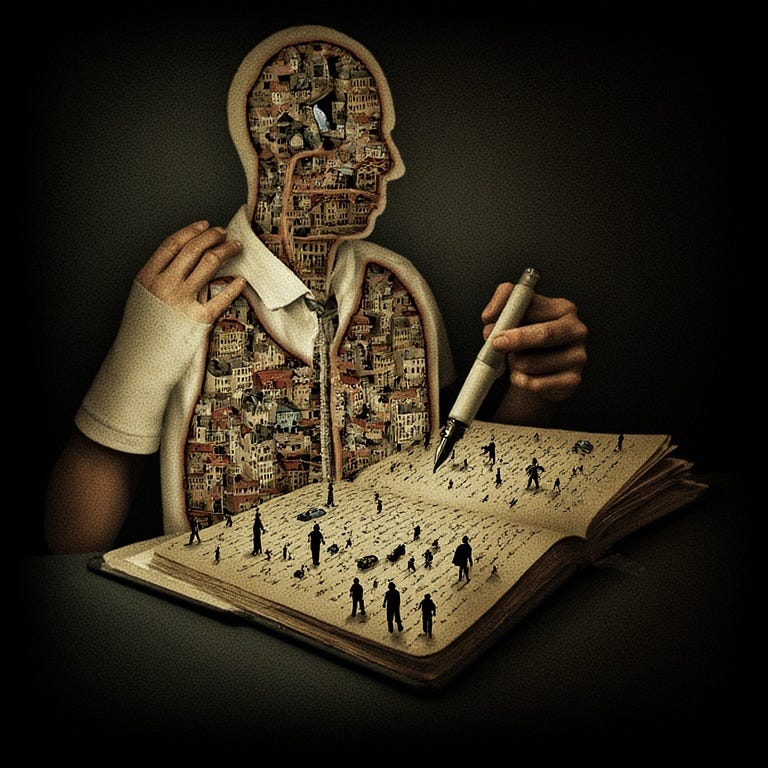 Generated graphic showing a person apparently made of buildings on an exposed interior. They are holding a pen with their left hand hovering over a book with little people on it.