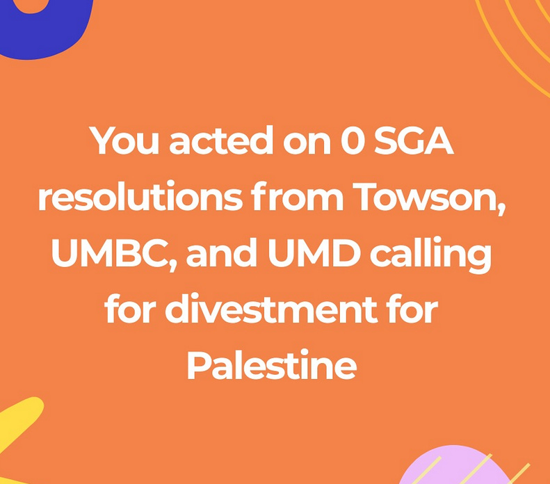 The image says "You acted on 0 SGA resolutions from Towson, UMBC, and UMD calling for divestment for Palestine."