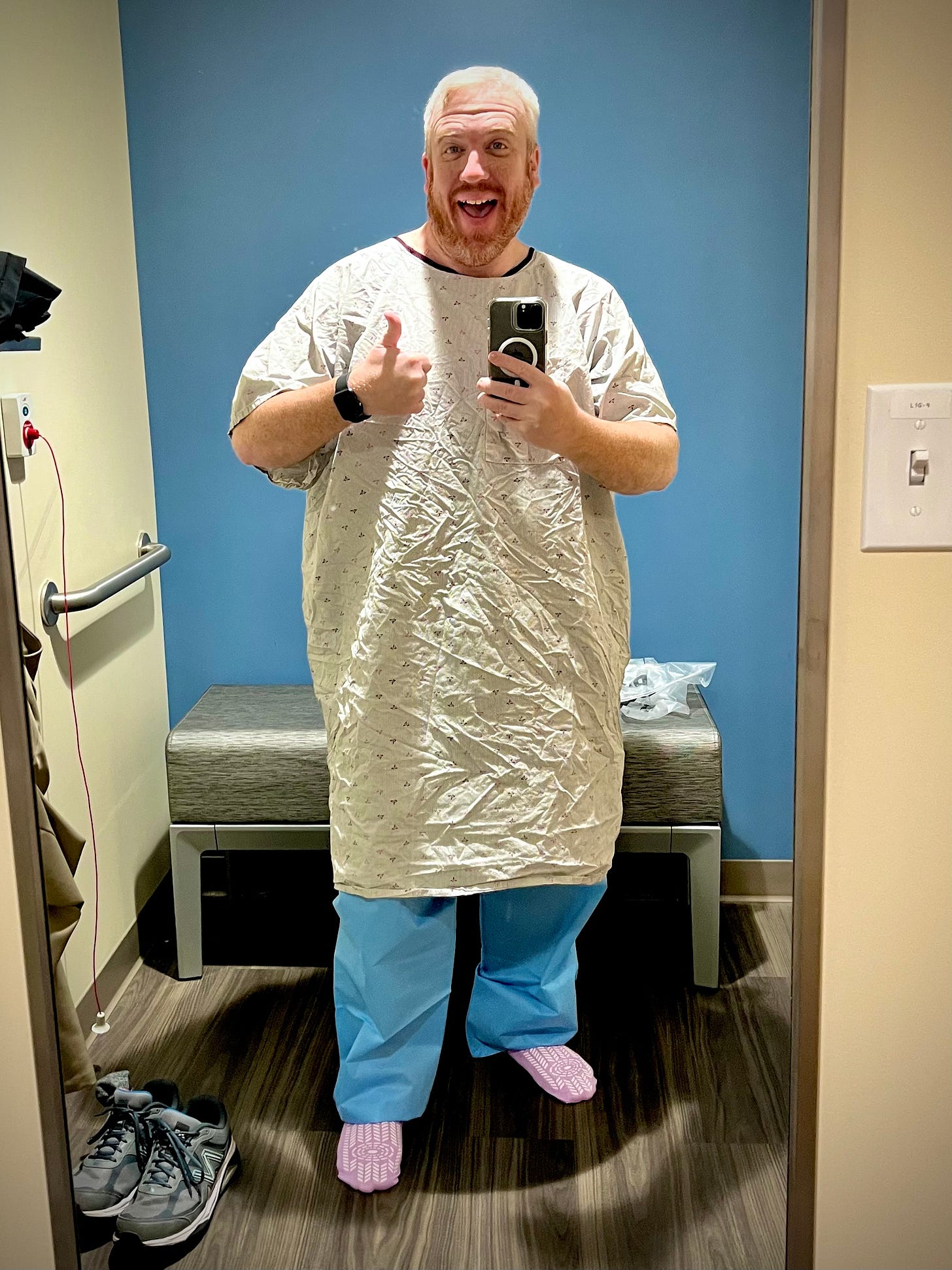 Adam waiting for his third MRCP scan during active surveillance for cancer.