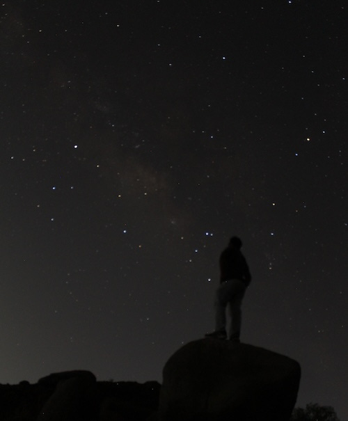 Silhouette of figure looking up at the Milky Way.