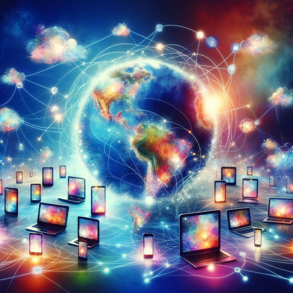 A whimsical, artistic interpretation of a world connected through digital tools, depicting various devices like laptops, tablets, and smartphones linked by glowing, ethereal lines across a map of the world. The scene is vibrant and colorful, illustrating a dynamic and interconnected digital landscape without any human figures or specific locations, embodying the concept of remote collaboration and the global reach of digital technology.