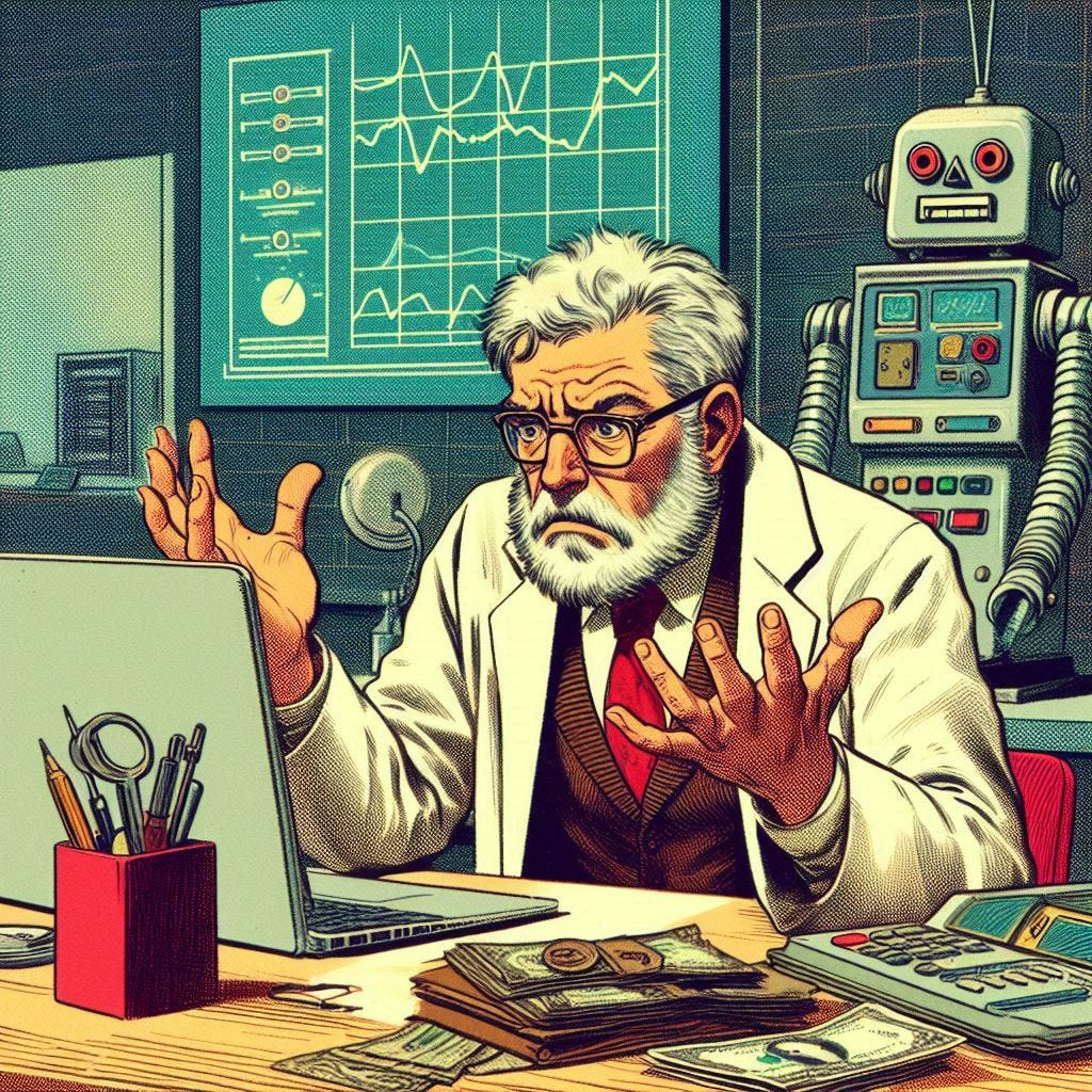 professor in computer lab looking upset at his wallet, 60s sci-fi drawing