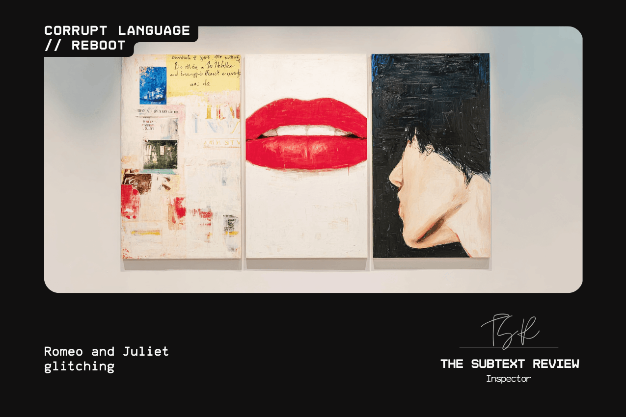 A triptych of canvases on a neutral wall: the left panel features a textured collage of newspaper and red ink; the center shows vibrant red lips on a white field; the right depicts a profile of a face in deep shadow. Below, the text reads "Romeo and Juliet glitching." Part of the Corrupt Language // Reboot series at The Subtext Review. A triptych of canvases on a neutral wall: the left panel features a textured collage of newspaper and red ink; the center shows vibrant red lips on a white field; the right depicts a profile of a face in deep shadow. Below, the text reads "Romeo and Juliet glitching." Part of the Corrupt Language // Reboot series at The Subtext Review.