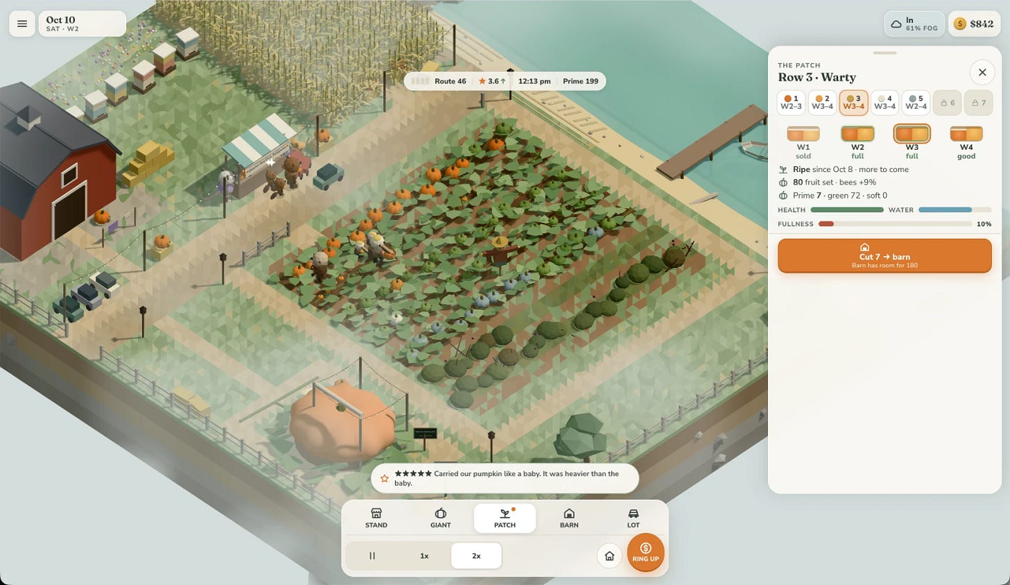 Screenshot of an isometric low-poly pumpkin farming game. In the bottom left, a huge giant pumpkin, far bigger than anything around it, sits in its own fenced plot under string lights. Beyond it are rows of pumpkin vines with a scarecrow and animal visitors (pelicans, beavers and otters) picking pumpkins and browsing the farm stand, plus a red barn, beehives, a cornfield, parked cars and a dock on the water, with fog drifting across. A side panel shows stats for the patch row "Row 3 · Warty" with a "Cut 7 → barn" button, and a customer review at the bottom reads "★★★★★ Carried our pumpkin like a baby. It was heavier than the baby."