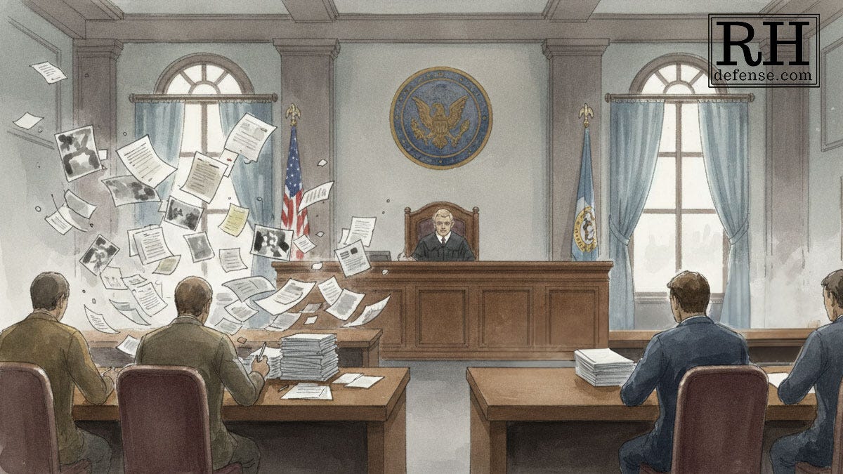 Illustration of a criminal courtroom viewed from behind the defense table, with the judge seated on the bench and stacks of documents while loose discovery papers swirl chaotically around the defense, contrasting with the prosecution’s orderly table. Illustration of a criminal courtroom viewed from behind the defense table, with the judge seated on the bench and stacks of documents while loose discovery papers swirl chaotically around the defense, contrasting with the prosecution’s orderly table.