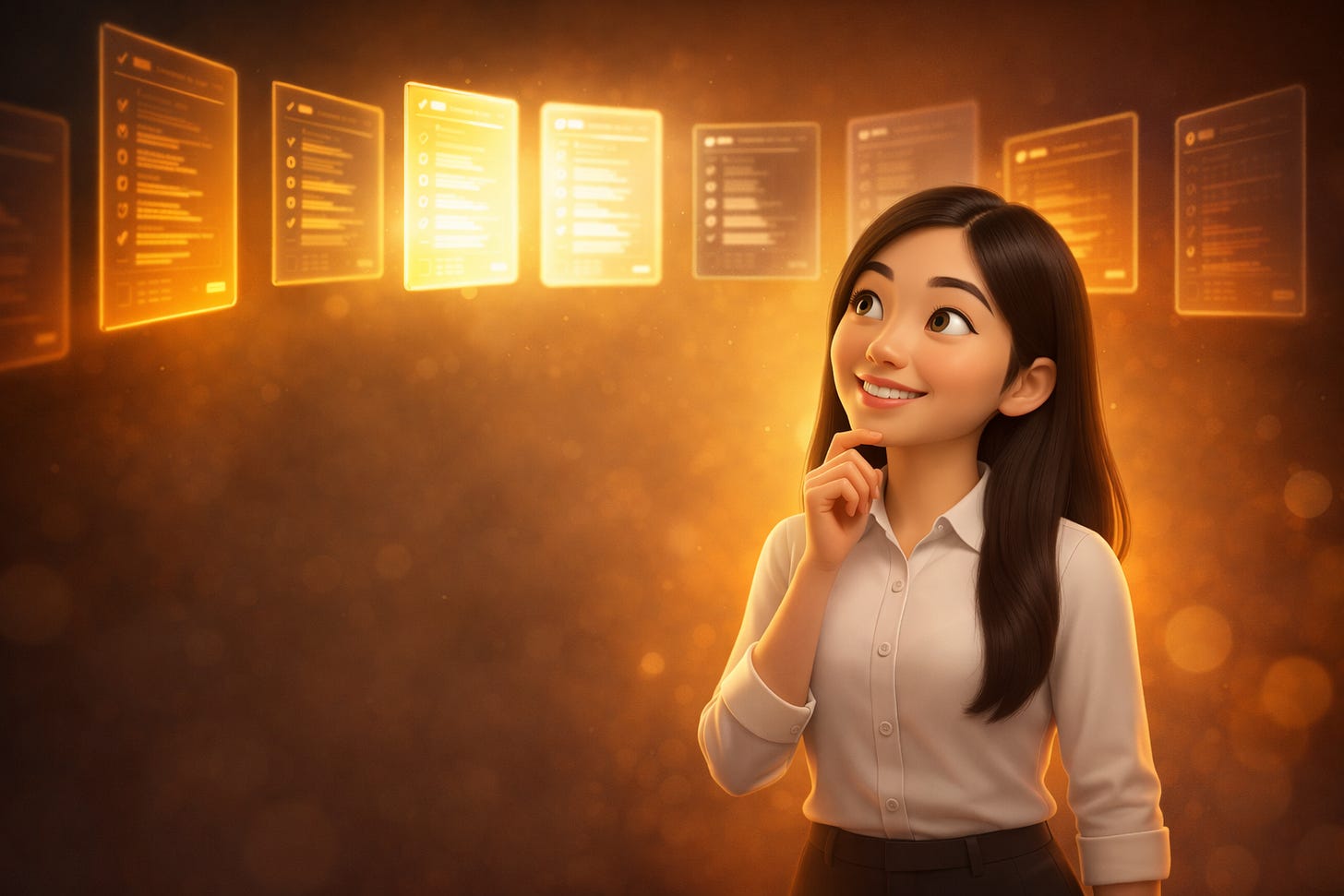 Pixar-style 3D illustration of Jenny Ouyang from Build to Launch comparing multiple screens showing different AI coding tool outputs side by side, representing the 8-platform AI coding tool evaluation test