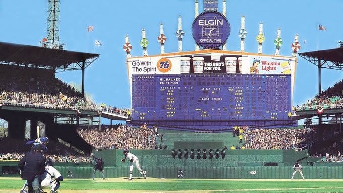 Shot from the 1981 White Sox home opener, looking at the center field scoreboard. Shot from the 1981 White Sox home opener, looking at the center field scoreboard.