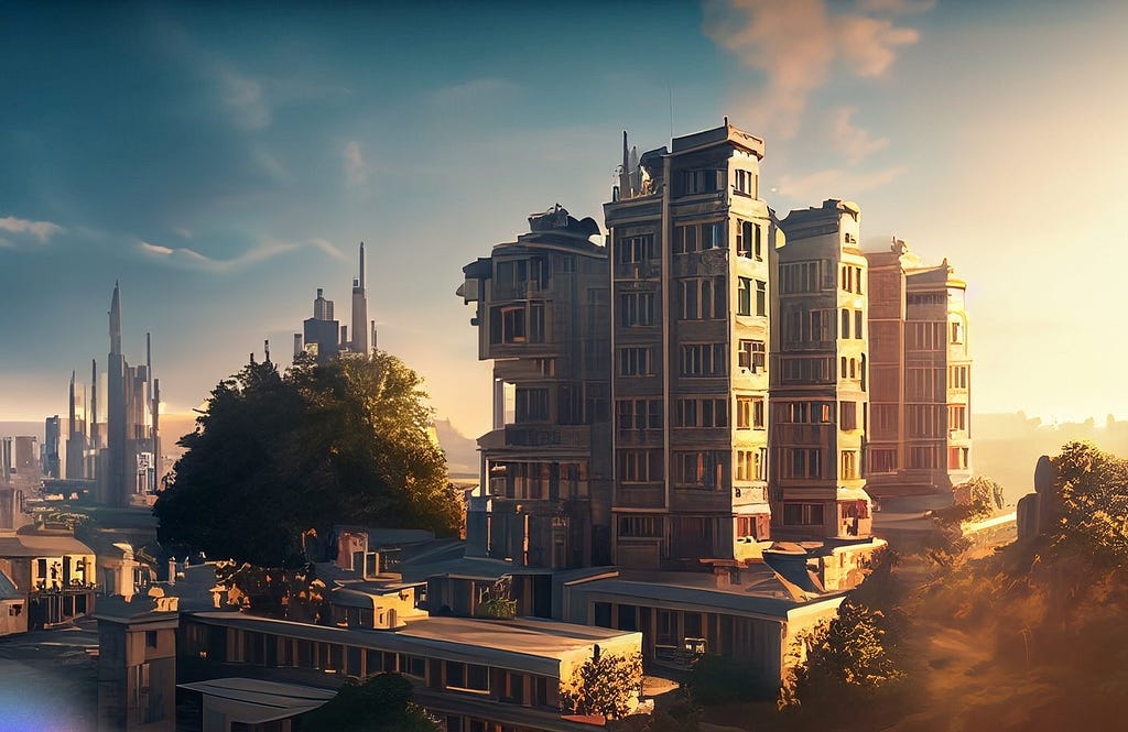 City sunset, futuristic, background, with trees and apartment buildings. City sunset, futuristic, background, with trees and apartment buildings.