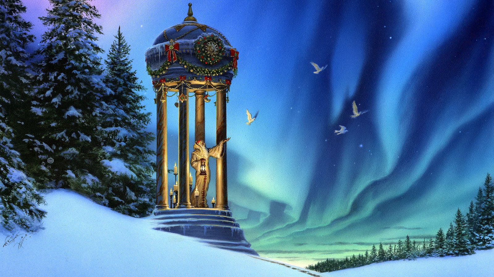 A tiny gazebo with a round dome is set in a wintry scene of snow covered evergreens. Standing among candles there, a wizard gestures and four doves flutter into a sky lit by aurora. The "Northern Lights" are wandering ribbons rising like curtains of light against rich blue of the night sky. The gazebo is decorated for the holidays with a garland and wreath. From a beaded chain strung from the roof, symbols include a bell, a 6-pointed star, a moon, and a heart. Casting light on himself, the wizard holds a lantern in his offhand. His long white beard trails down his chest. He wears a red cap and cream colored robes with fringed bell sleeves. Below the gazebo, a path winds up from the foreground to the gazebo.