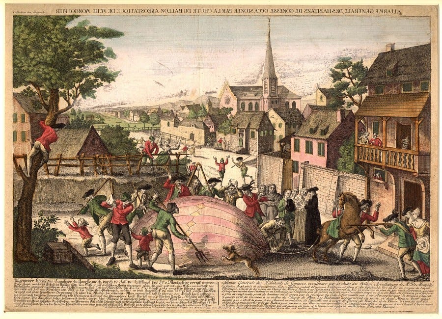 Print, Engraving on Paper, Hand Colored, ALLARME GENERALE DES HABITANTS DE GONESSE OCCASIONEE PAR LA CHUTE DU BALLON AEROSTATIQUE DE MR. DE MONTGOLFIER Print, Engraving on Paper, Hand Colored, ALLARME GENERALE DES HABITANTS DE GONESSE OCCASIONEE PAR LA CHUTE DU BALLON AEROSTATIQUE DE MR. DE MONTGOLFIER