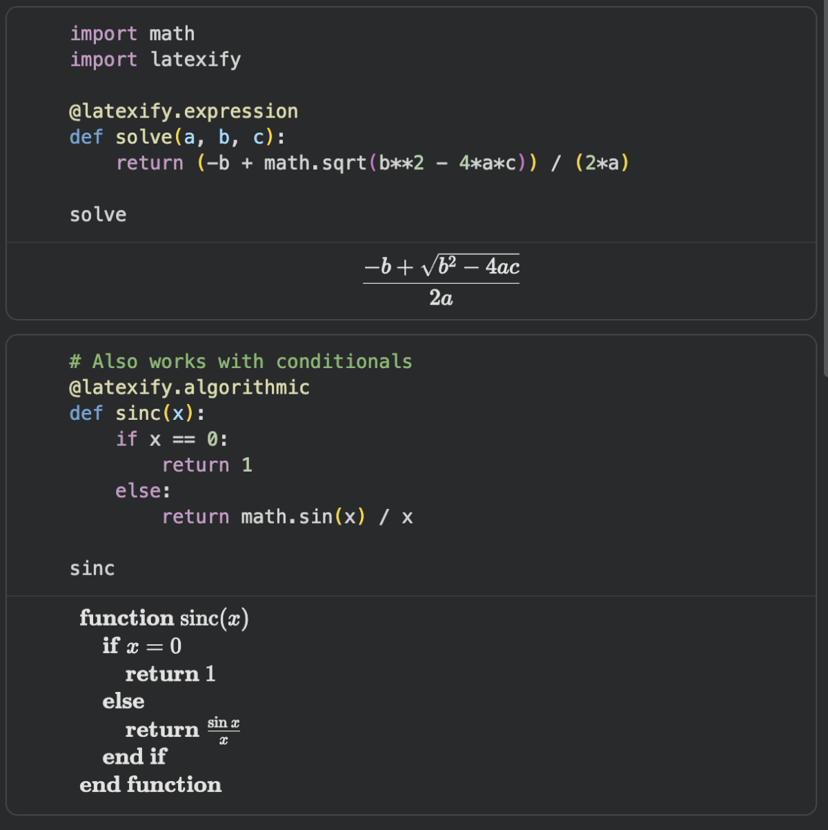 Code example: latexify_py: Turn Python Functions into LaTeX with One Decorator
