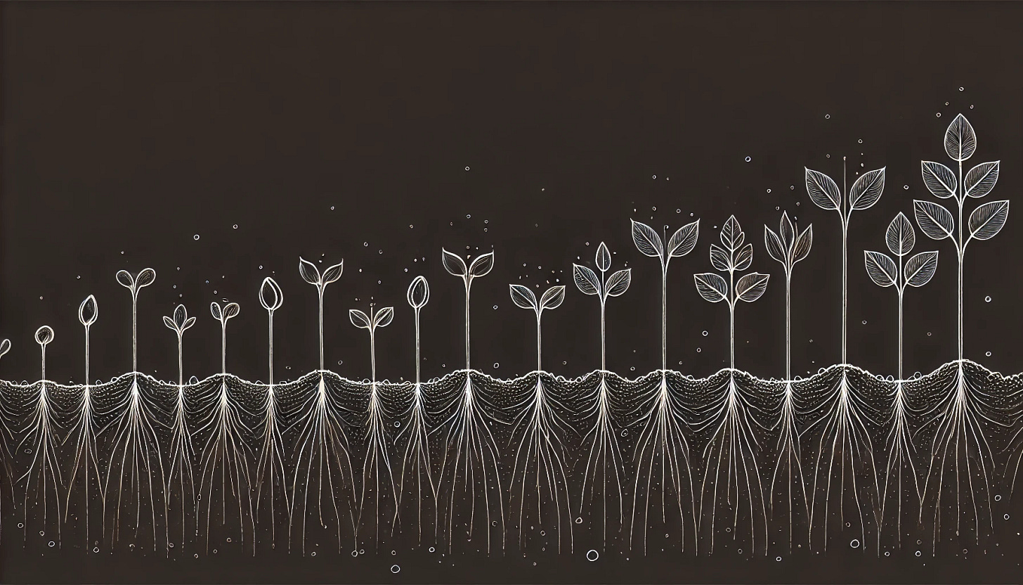 A minimalist digital illustration of a row of delicate seedlings at various early growth stages, emerging from the soil. The design is composed entirely of fine, continuous white lines on a solid black background. Each seedling has slight variations in height and shape to create natural variation. The line work is precise and elegant, maintaining a clean and simple aesthetic. The composition is balanced, with evenly spaced yet organically arranged seedlings across a wide-format canvas. No additional elements such as insects, rocks, or background textures—just the seedlings and the soil.
