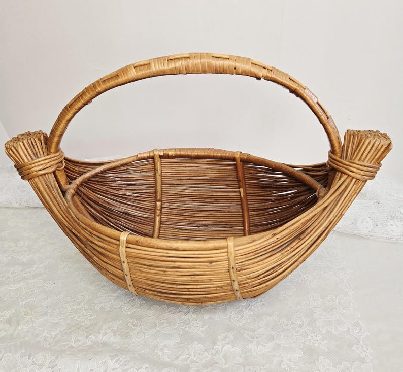 Boho Mid Century Woven Twig Wood Basket Rustic image 1