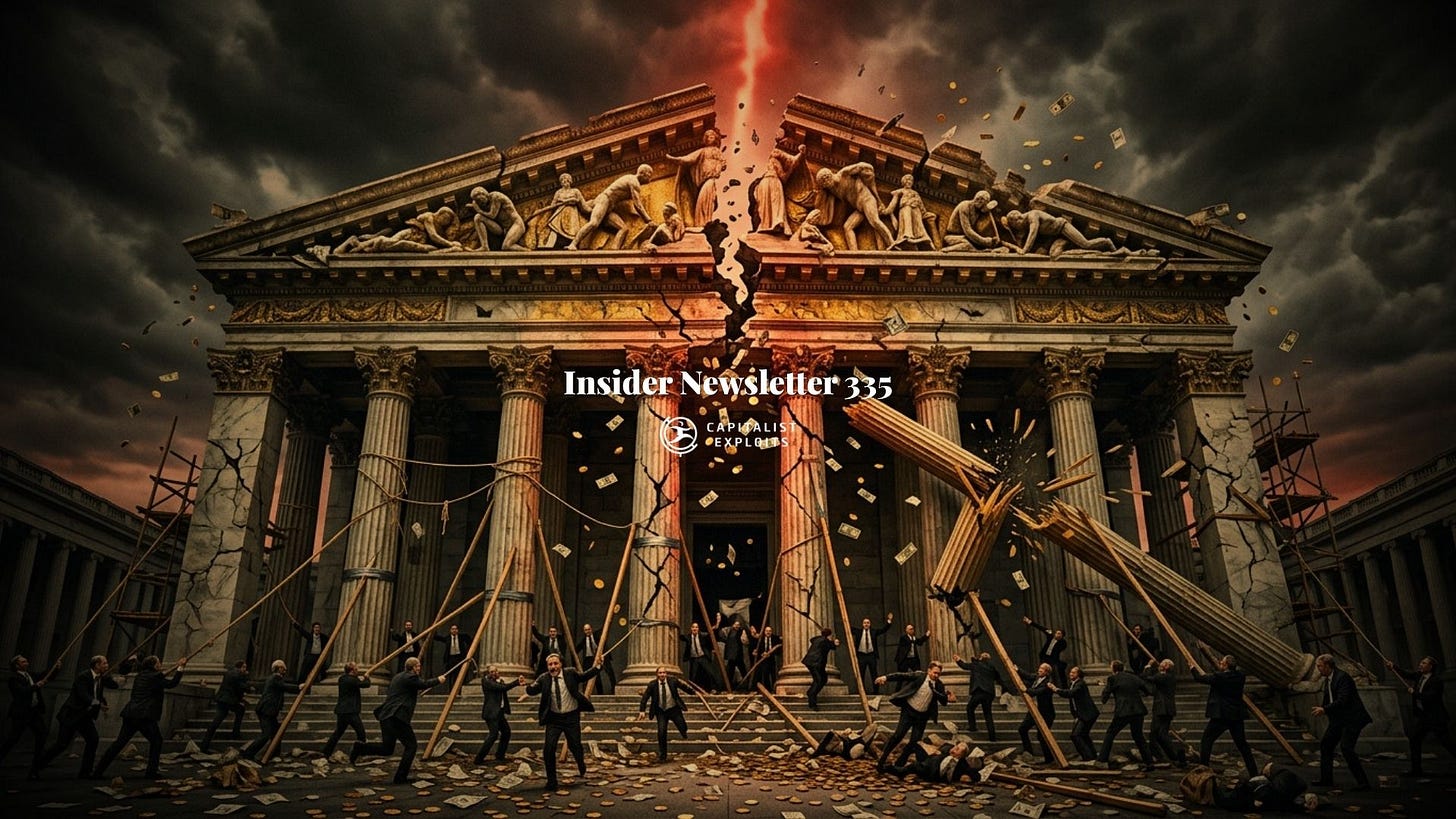 Capitalist Exploits Insider Newsletter 335 crumbling financial institution with chaos and money flying Capitalist Exploits Insider Newsletter 335 crumbling financial institution with chaos and money flying
