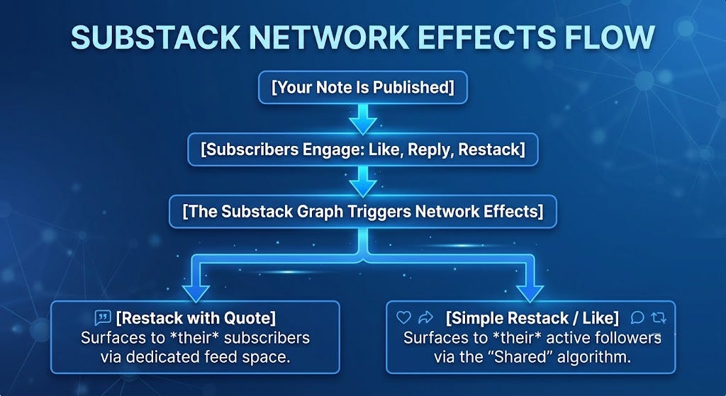 [Your Note Is Published] [Subscribers Engage: Like, Reply, Restack] [The Substack Graph Triggers Network Effects]