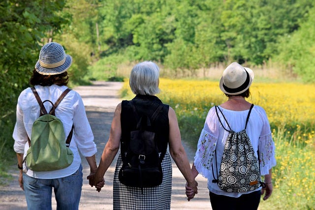 women, girlfriends, nature, walk, happy mothers day, friendship, together, hike, cohesion, help, affection, generations, mother, pleasure, trust, path, future, old, menopause, connectedness, life, excursion, recreation, time out