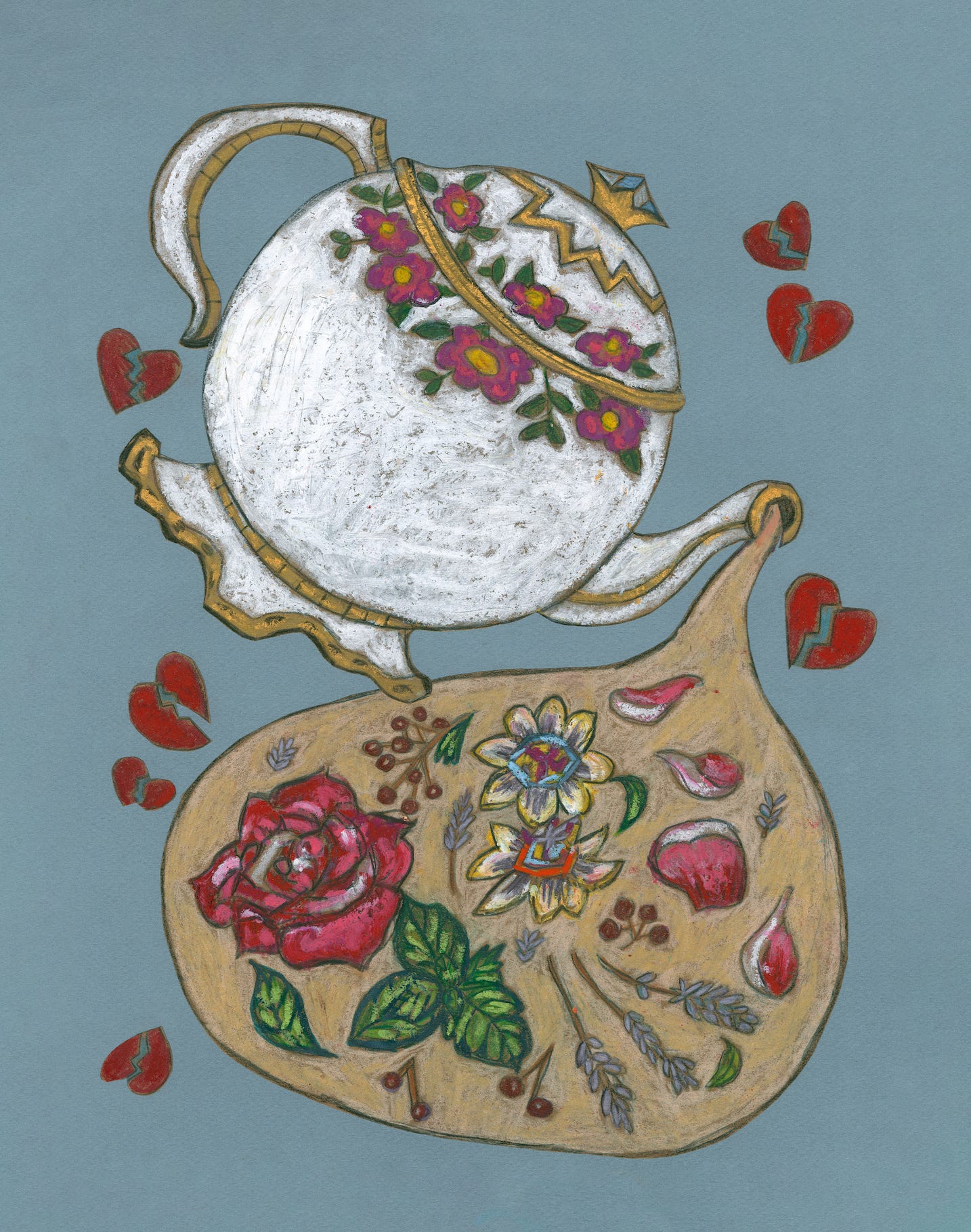 Whimsical illustration of a floral white teapot pouring into a tan cup, surrounded by small red hearts.