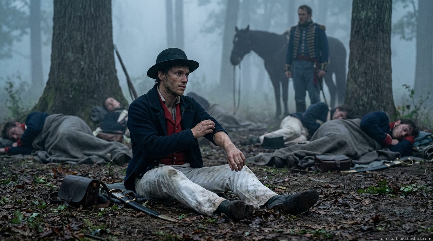 A photorealistic 169 horizontal composition in the style of golden-hour documentary photography Pre-dawn scene in a sparse woodland camp in rural Maryland August 1814 In the center-left foreground a lean sun-weathered young man of 22 sits up_image_1 A photorealistic 169 horizontal composition in the style of golden-hour documentary photography Pre-dawn scene in a sparse woodland camp in rural Maryland August 1814 In the center-left foreground a lean sun-weathered young man of 22 sits up_image_1