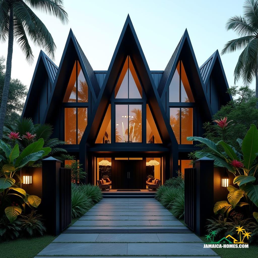 A sleek black Gothic-inspired contemporary home in Jamaica, near the Caribbean coast, featuring tall pointed arches with floor-to-ceiling glass, sharp rooflines, and a dramatic matte black façade. The design blends Gothic architecture with modern minimalism, showcasing clean geometric lines and slim black steel frames. Warm light glows from the interiors, illuminating lush tropical greenery with palms, hibiscus, and vibrant Caribbean plants framing the entrance. A modern black gate and driveway lead to the home, with glimpses of turquoise ocean in the background. The atmosphere is bold, elegant, and tropical. Cinematic film still, shot on v-raptor XL, film grain, vignette, color graded, post-processed, cinematic lighting, 35mm film, live-action, best quality, atmospheric, masterpiece, epic, stunning, dramatic. Rendered in the style of Tim Burton and Zaha Hadid, capturing an opulent yet somber mood with dramatic chiaroscuro lighting.