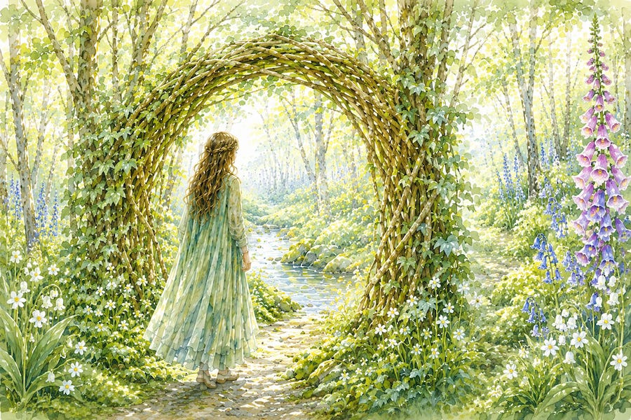 Enya stands beneath a woven arch of living willow branches beside a woodland stream, gazing into the enchanted forest she has just discovered. Spring sunlight filters through foxgloves, bluebells, and wildflowers as the hidden path beyond invites her forward. AI-assisted artwork. © 2026 Designed by Kim West. All rights reserved. Enya stands beneath a woven arch of living willow branches beside a woodland stream, gazing into the enchanted forest she has just discovered. Spring sunlight filters through foxgloves, bluebells, and wildflowers as the hidden path beyond invites her forward. AI-assisted artwork. © 2026 Designed by Kim West. All rights reserved.