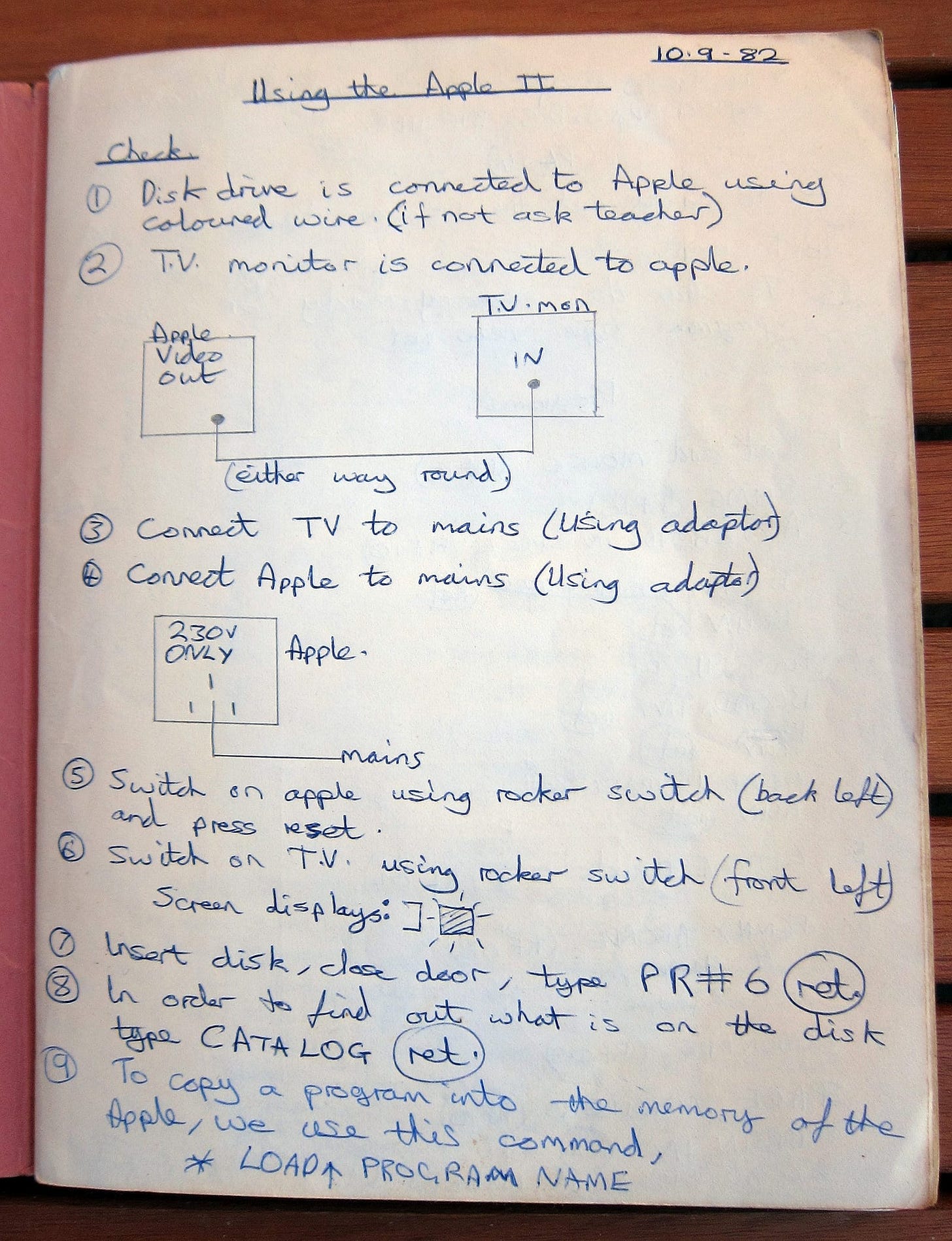 A school exercise book showing how to set up an Apple II, dated 10 September 1982. 