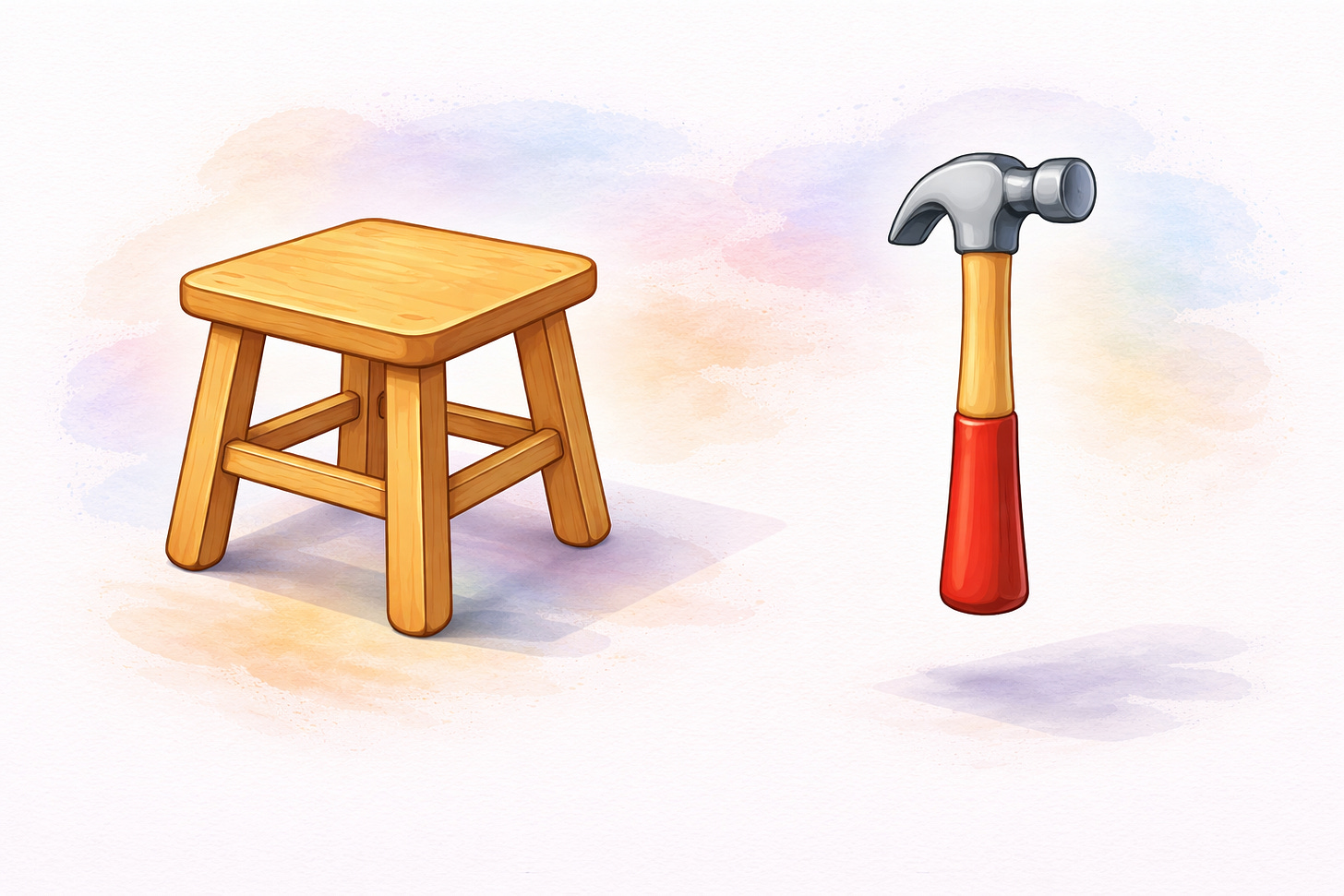 Деревянный табурет и молоток с красной ручкой на светлом фоне. Деревянный табурет и молоток с красной ручкой на светлом фоне.