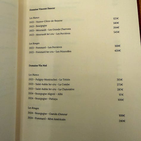 the wine list at Cypsèle restaurant in Paris