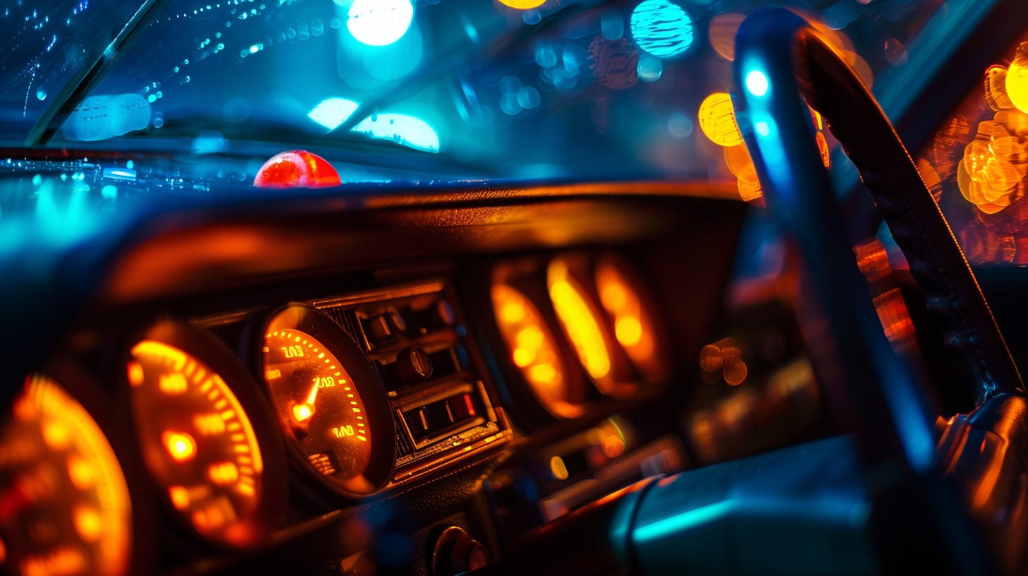 Car dashboard at night with glowing amber gauges and blue bokeh lights through a rain-speckled windshield Car dashboard at night with glowing amber gauges and blue bokeh lights through a rain-speckled windshield