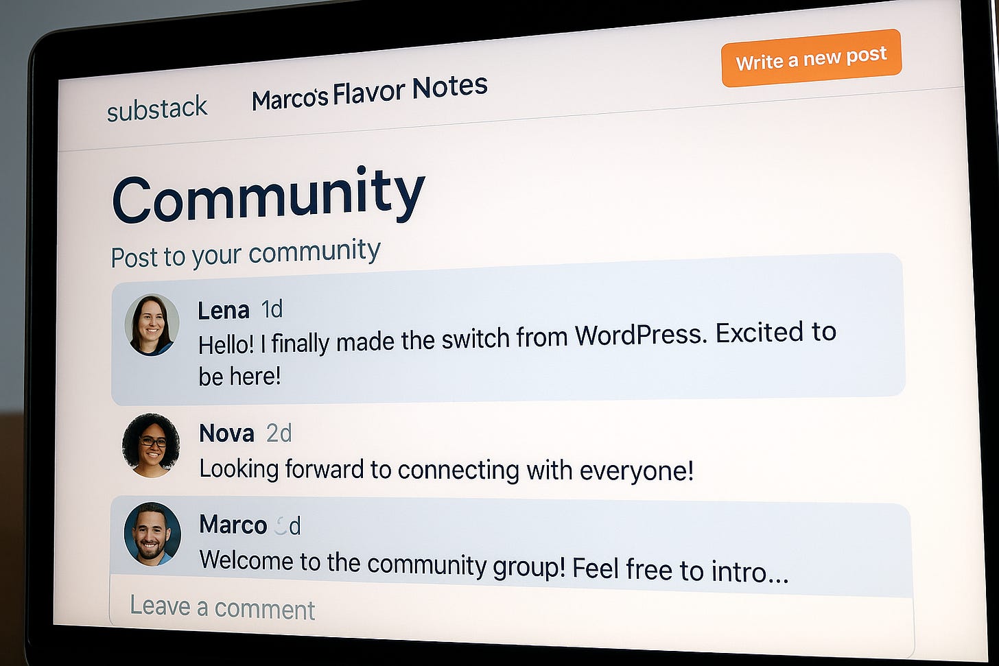 A laptop screen shows Marco’s Substack newsletter titled Marco’s Flavor Notes, with a community feed where Lena and Nova have posted.
