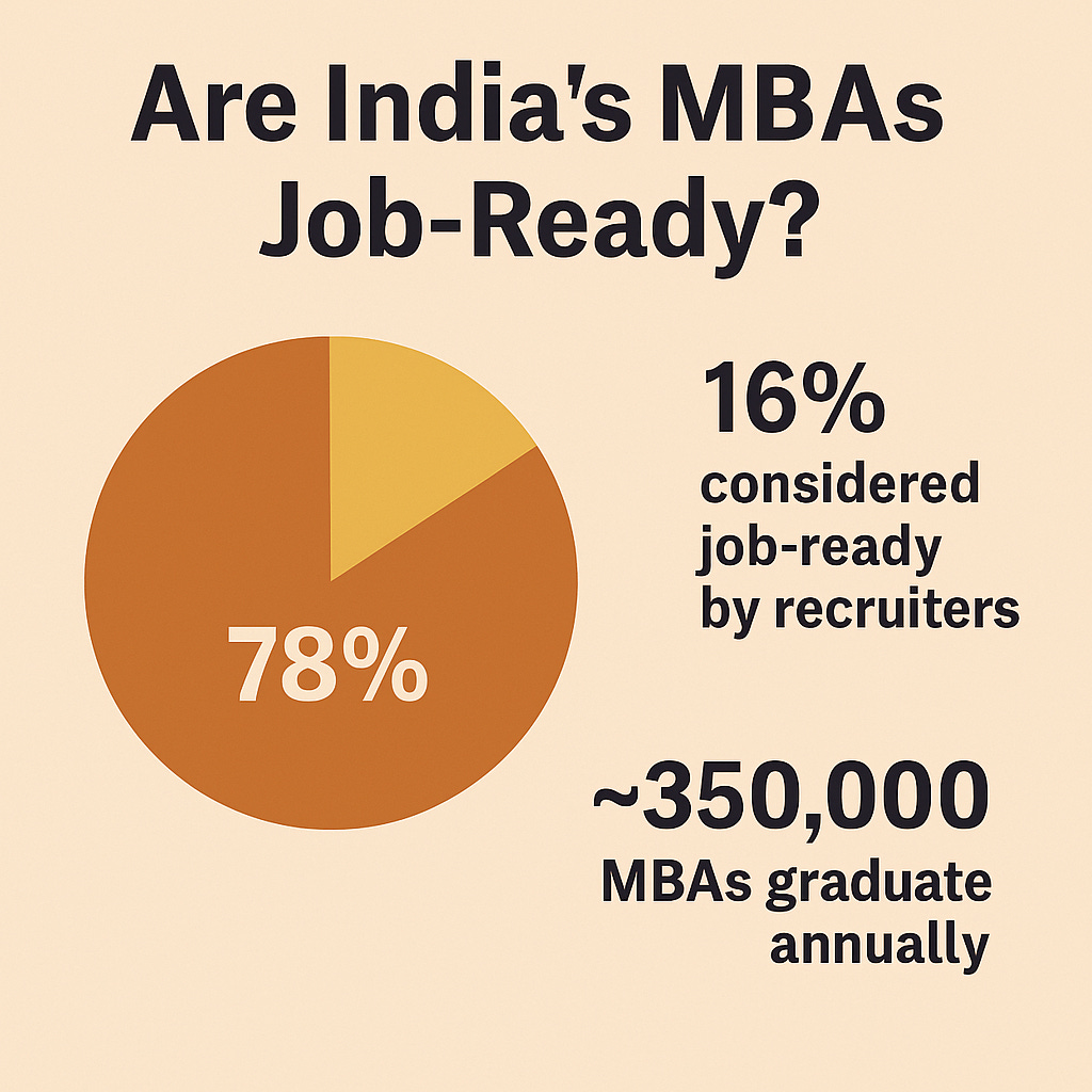 Create a pie chart or vertical bar chart titled "Are India’s MBAs Job-Ready?" showcasing the following data: 78% employable (India Skills Report 2025), 16% considered job-ready by recruiters, and ~350,000 MBAs graduate annually.