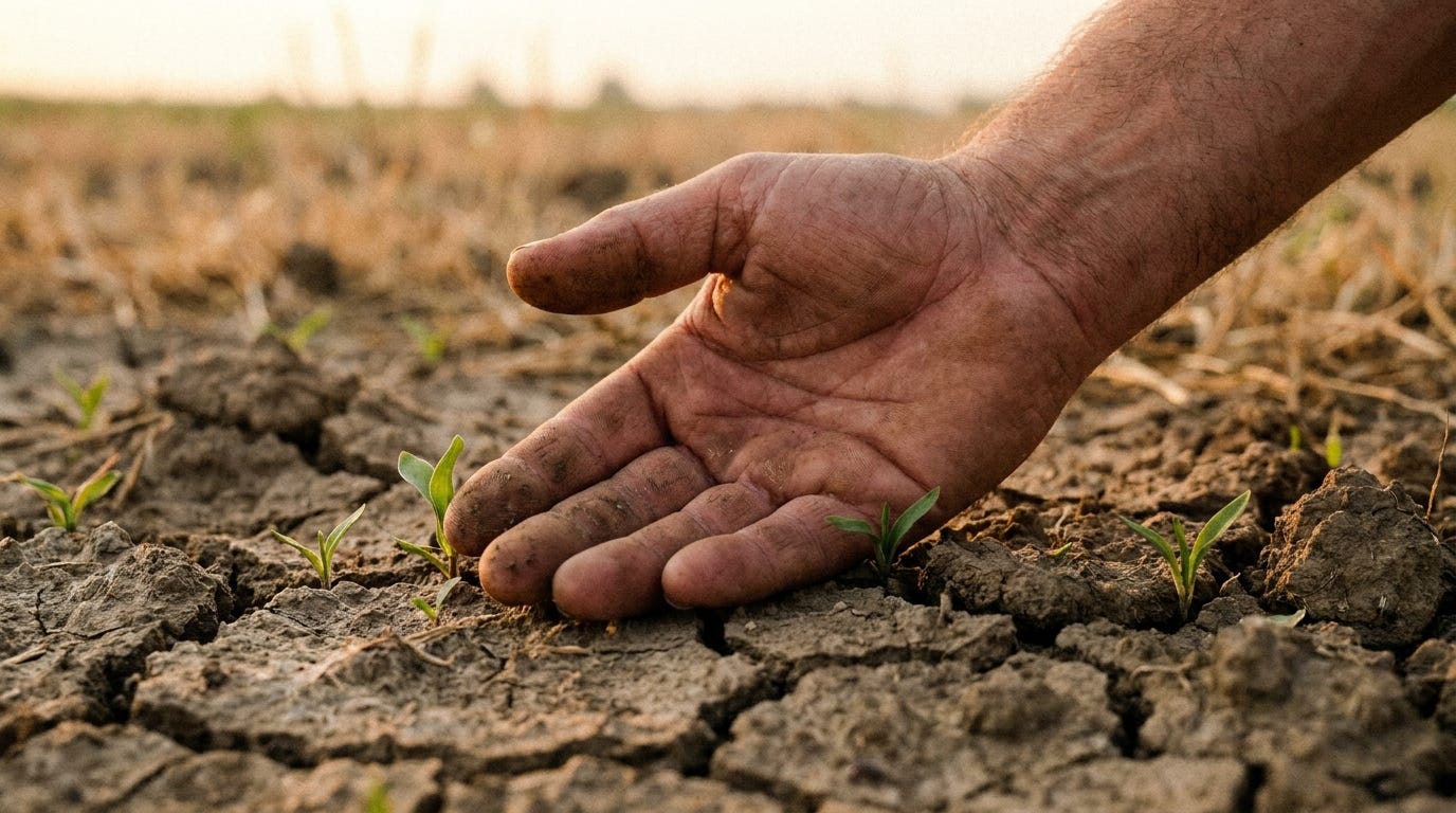 A single open human hand resting palm-up on rough drying earth in warm dawn light, fresh green shoots breaking through the cracked soil around it, close and unposed, no face, no text A single open human hand resting palm-up on rough drying earth in warm dawn light, fresh green shoots breaking through the cracked soil around it, close and unposed, no face, no text