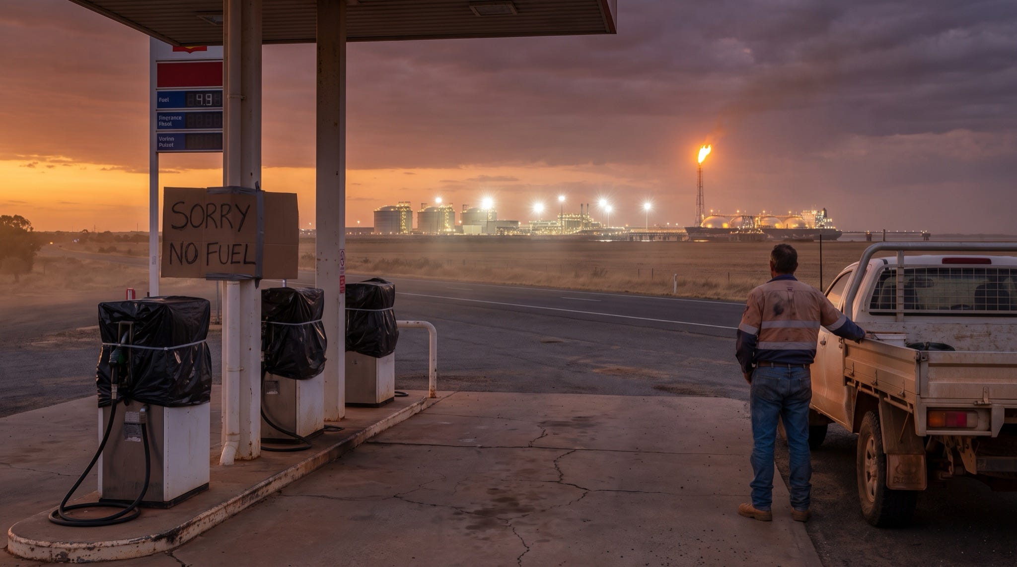 A rural Australian service station at dusk with its bowsers bagged and a SORRY NO FUEL sign, an LNG export terminal blazing on the horizon behind it