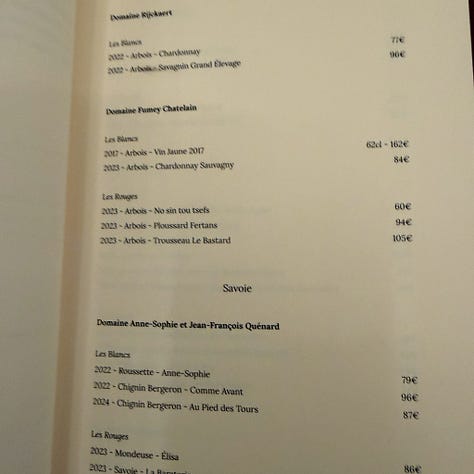 the wine list at Cypsèle restaurant in Paris