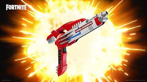 A red and grey sci-fi blaster, a picture of multiple two-blade helicopters flying through an alien invasion, and a cute rolled-up alien.