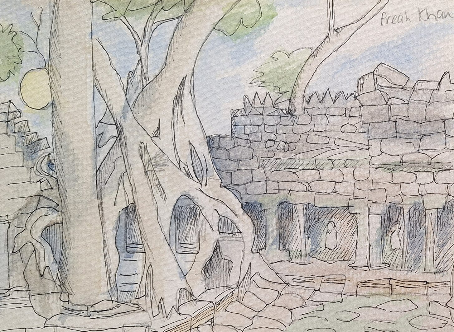 Pen and ink and water colour sketch of Preah Kan temple in Angkor, Cambodia. A tree is growing among the temple ruins. Stones and tree trunks are greyish tones.  The sky is blue and the sun blazing yellow.
