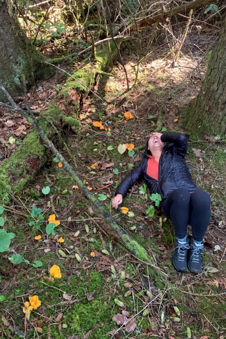 woman in the forest picking mushrooms