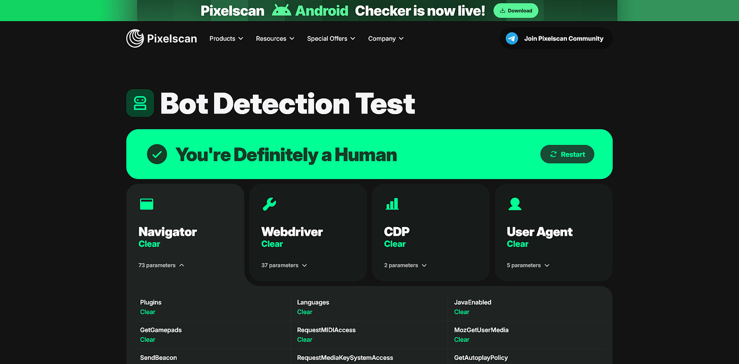 invisible_playwright vs Pixelscan's Bot Detection Test invisible_playwright vs Pixelscan's Bot Detection Test