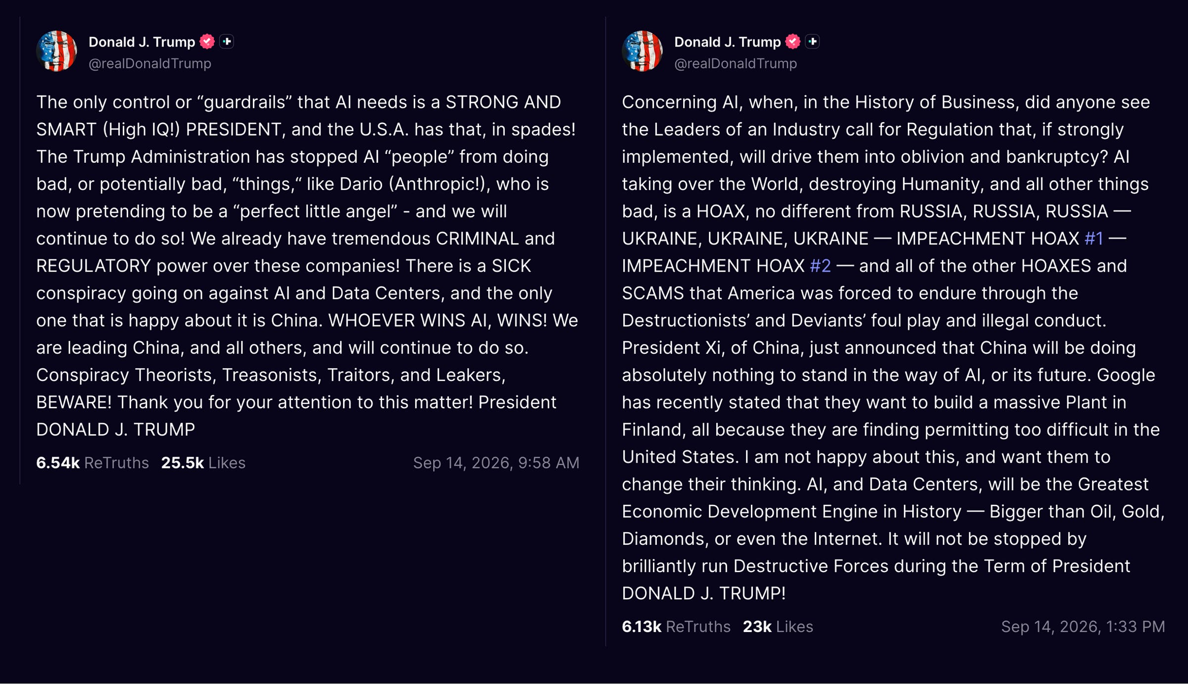 Two complete Truth Social posts by President Trump from September 14, 2026, shown side by side. Left: his statement on AI guardrails. Right: his statement opposing calls for AI regulation. Links to both originals appear in the caption. Two complete Truth Social posts by President Trump from September 14, 2026, shown side by side. Left: his statement on AI guardrails. Right: his statement opposing calls for AI regulation. Links to both originals appear in the caption.