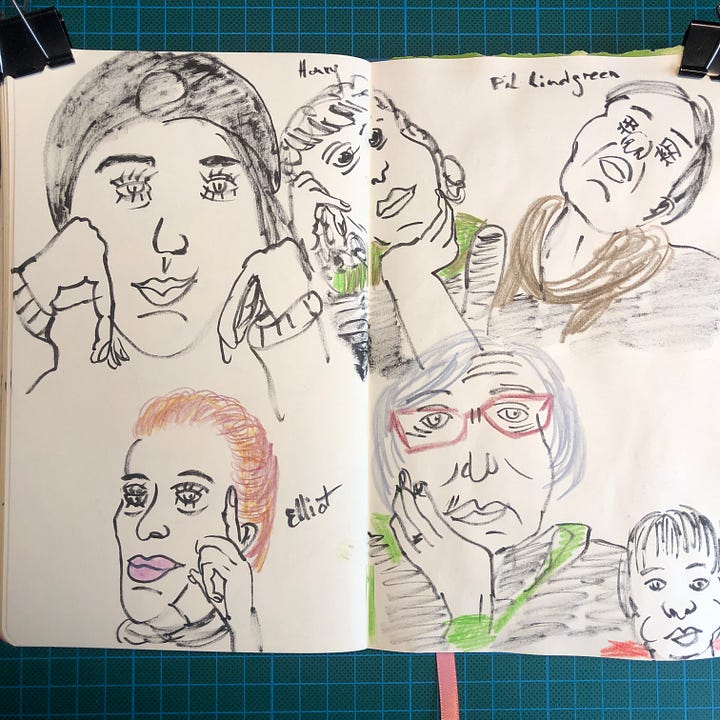 Photos de mon sketchbook où l’on voit les 16 portraits que j’ai réalisés lors de la session.