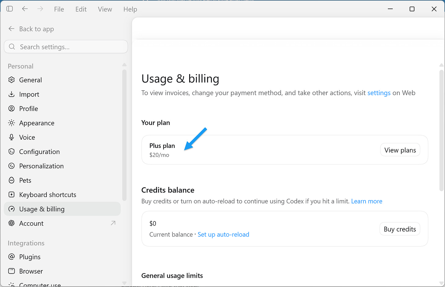 ChatGPT desktop app, Usage and billing settings. Your plan reads Plus plan, $20 per month. ChatGPT desktop app, Usage and billing settings. Your plan reads Plus plan, $20 per month.