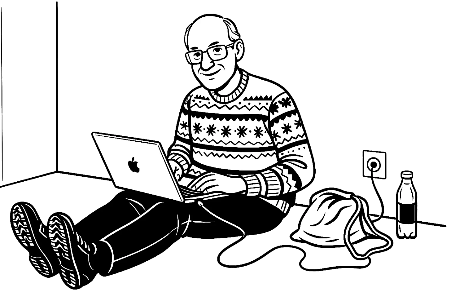 Kresba ukazuje Berta Bose, jak sedí na zemi opřený o zeď. Na klíně má laptop připojený do zásuvky. Vedle něj leží plátěná taška a stojí PET lahev s vodou. Kresba ukazuje Berta Bose, jak sedí na zemi opřený o zeď. Na klíně má laptop připojený do zásuvky. Vedle něj leží plátěná taška a stojí PET lahev s vodou.