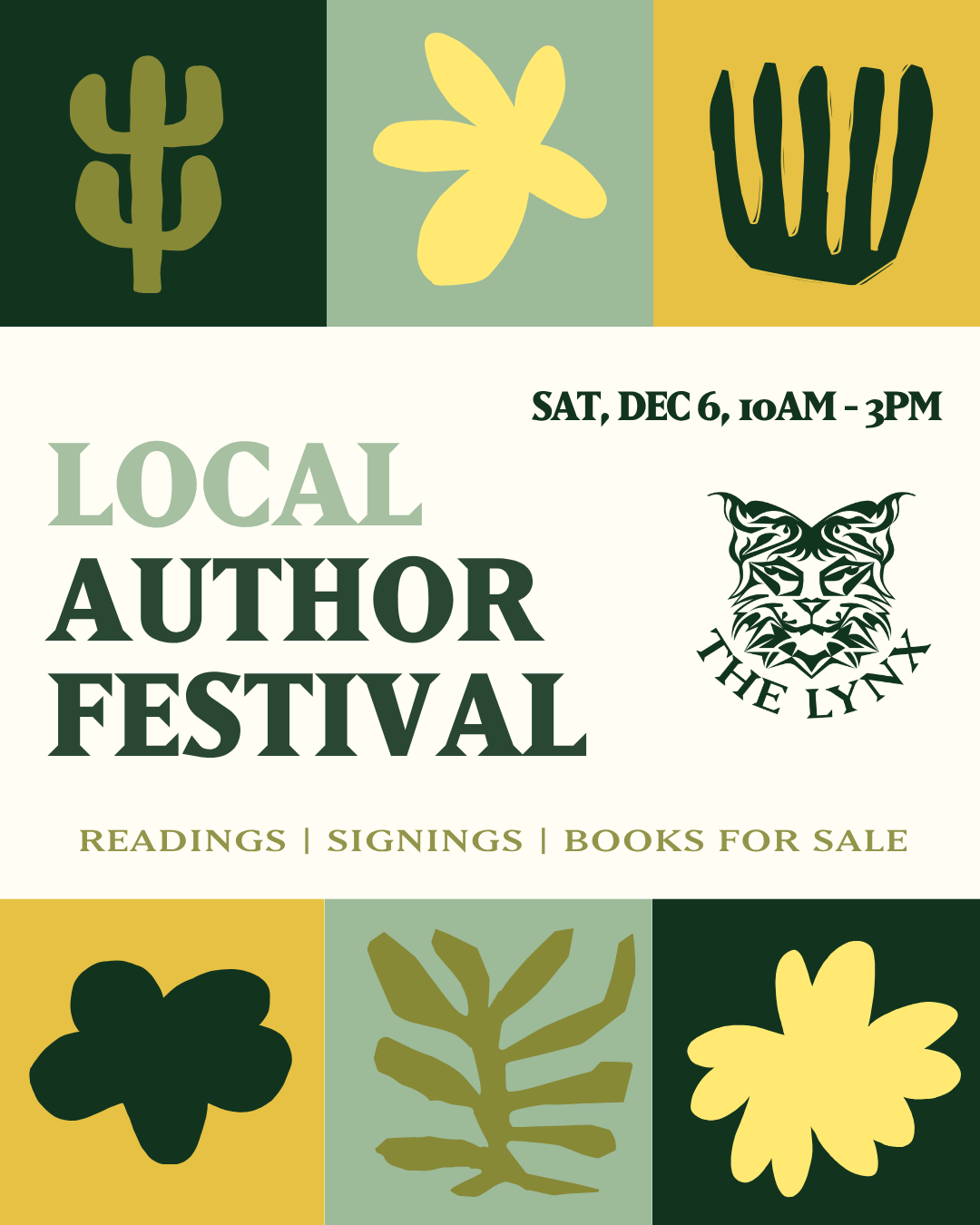 Local Author Festival at Lynx Bookshop, Gainesville FL - December 6, 10am-3pm. Readings, signings, books for sale.