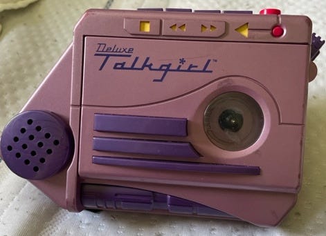 A pink and purple Talkgirl tape recorder