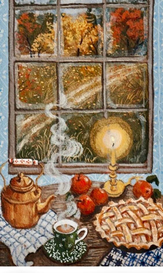 This may contain: a painting of an apple pie on a table in front of a window with autumn foliage