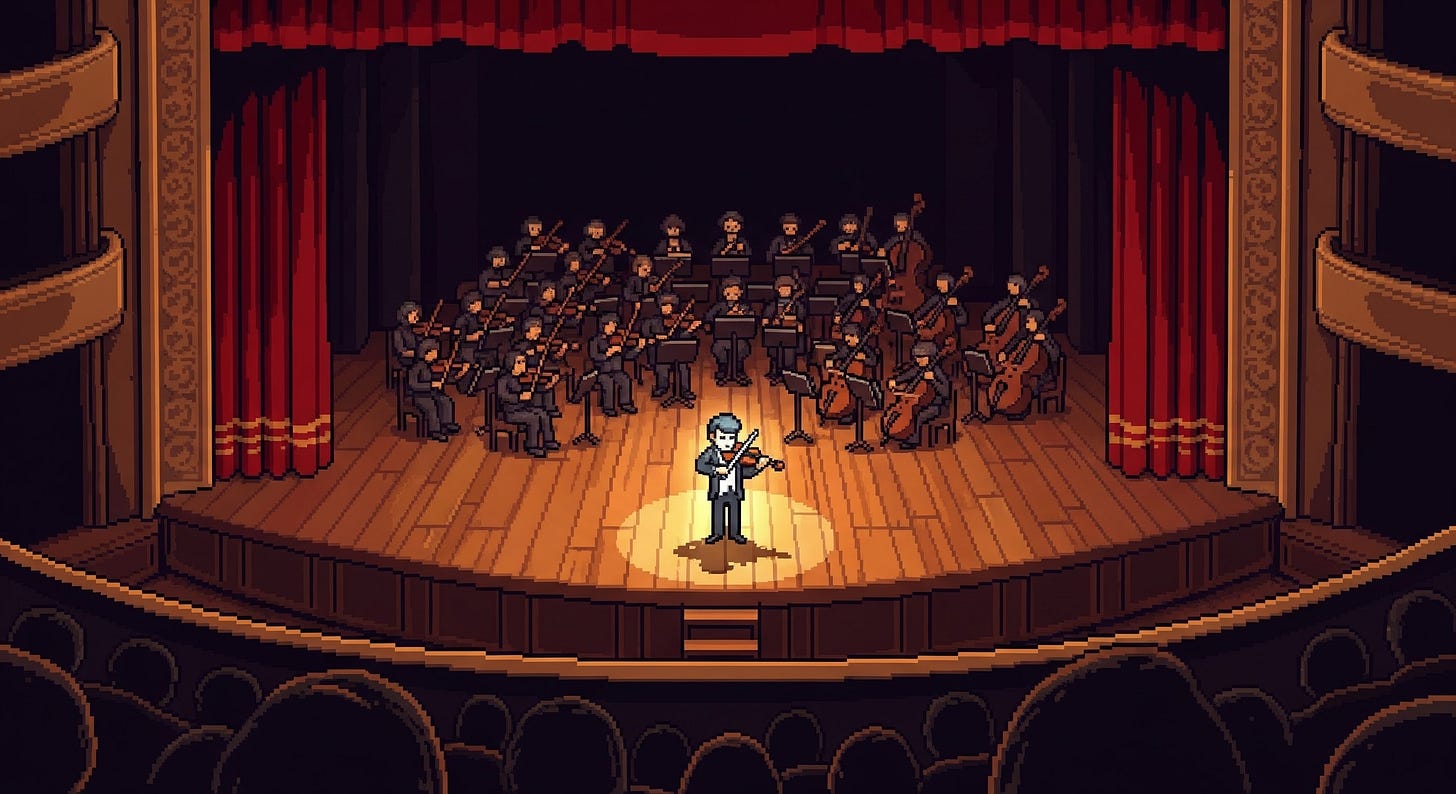 Prompt in Gemini: 90s retro pixel art in a cutesy River City Ransom–style aesthetic. View from the audience, looking up from the lip of the stage at a grand concert hall. A full orchestra performs in the background on a wooden stage framed by deep red curtains. At the center front, a fancy solo violinist stands in the spotlight, their glowing instrument illuminating their face and casting soft reflections on the floor. The lighting is warm and dramatic, with pixel-perfect detailing, nostalgic 16-bit textures, and a cinematic composition that feels alive and immersive.