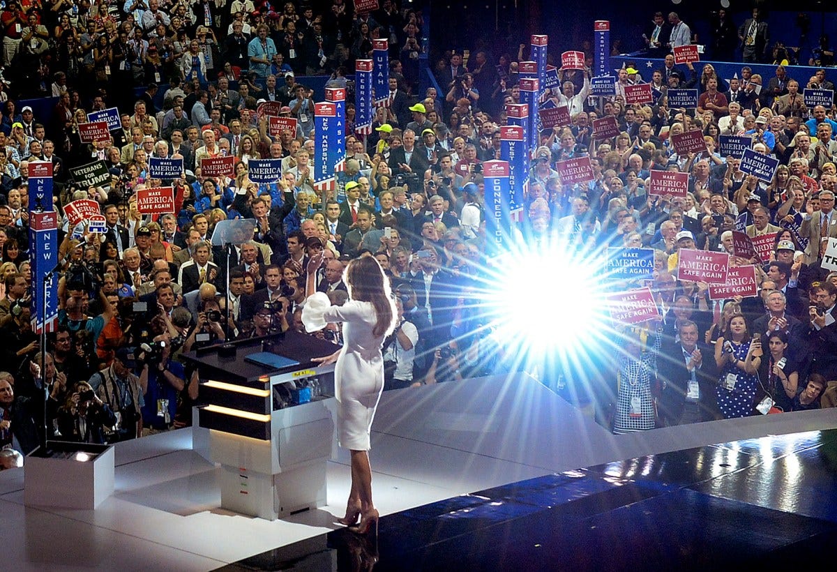Melania Trump waves to the crowd after her impactful speech on the opening day of the Republican National Convention, July 18, 2016. Melania Trump waves to the crowd after her impactful speech on the opening day of the Republican National Convention, July 18, 2016.